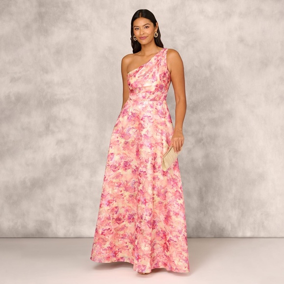 Adrianna Papell Printed Jacquard One Shoulder Ball Gown With Pleat Details In Re